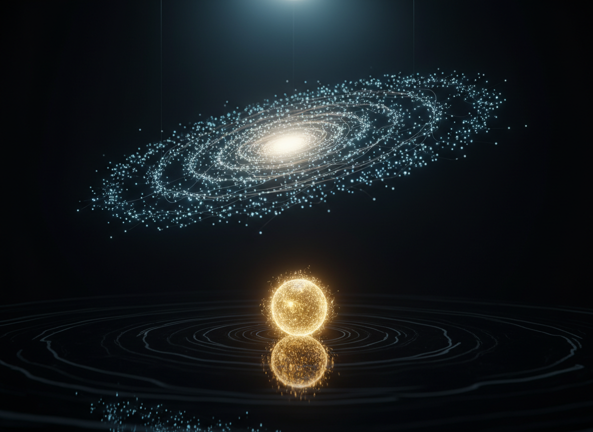 A luminous, intricately detailed model of a spiral galaxy suspended above a dark, reflective obsidian surface, each star rendered as a tiny glowing sphere connected by faint, filament-like currents of light. In the foreground, a single radiant orb rests on the surface, its corona subtly echoing the structure of the galaxy above, suggesting “human as sun” without showing any person. Soft, cool studio lighting from above and behind creates a halo effect around both galaxy and orb, with gentle reflections on the obsidian. Shot at eye level with a slightly wide angle, the composition uses the rule of thirds and photographic realism to evoke a sophisticated, contemplative mood about our energetic connection to the universe.