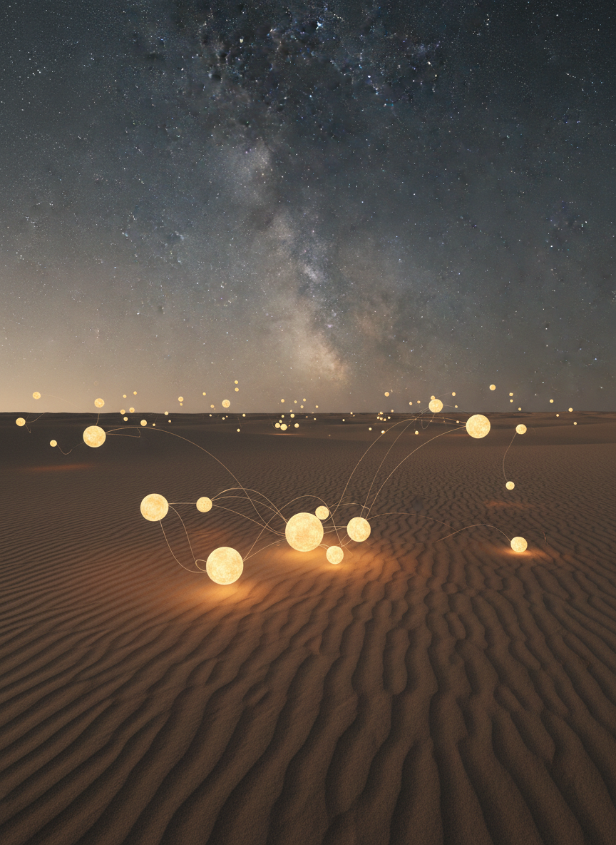 An expansive, photorealistic night landscape of a calm desert plain under a crystal-clear sky, where instead of constellations, countless small glowing orbs hover at varying heights, each emitting a soft, sun-like radiance. A few orbs cluster closer to the camera, connected by faint, thread-thin beams of light that arc gently between them like energetic conversations. The Milky Way is visible as a hazy band above, its stars subtly dimmed so the orbs remain dominant. Illuminated by their warm glow and pale starlight, the sand shows delicate ripples and textures. Shot from a slightly elevated, wide-angle perspective with sharp focus throughout, the mood is serene and reverent, suggesting a network of conscious suns spread across the cosmic landscape.