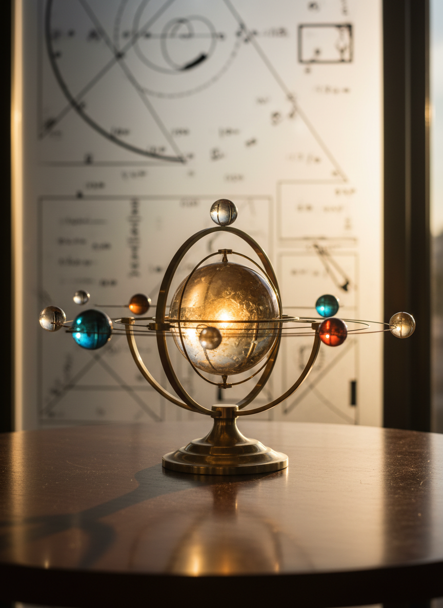 A meticulously detailed solar system orrery crafted from brushed brass and crystal, each planet represented by a translucent sphere glowing faintly from within, arranged on a dark walnut table in a minimalist study. Subtle equations and orbital diagrams are etched into a frosted glass panel in the background, visible but not legible, hinting at physics without using readable text. Warm, golden-hour light streams in from a large unseen window, catching the metallic edges and casting elongated, overlapping shadows. Photographic realism with a shallow depth of field keeps the central glowing “sun” sphere in razor-sharp focus, while the outer planets blur softly, creating an atmosphere of refined wonder and intellectual curiosity about cosmic order and hidden meaning.