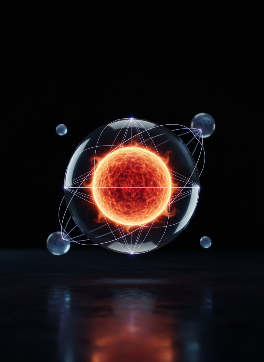 A cross-section view of a sleek, transparent sphere floating in a dark, studio-like void, its interior structured like a tiny sun with layered shells of plasma-like light transitioning from deep red at the core to white-gold at the surface. Around the sphere’s exterior, faint, mathematically precise field lines of light curve outward, intersecting with several smaller, dimmer orbs nearby, implying energy exchange. Subtle, cool backlighting defines the outer curve of the sphere while a warm internal glow provides the main illumination, casting delicate reflections on an implied glossy floor below. Photographic realism, centered composition, and a clean, minimalist aesthetic create a sophisticated visual metaphor for rigorous yet mystical models of consciousness and interconnected energy fields.