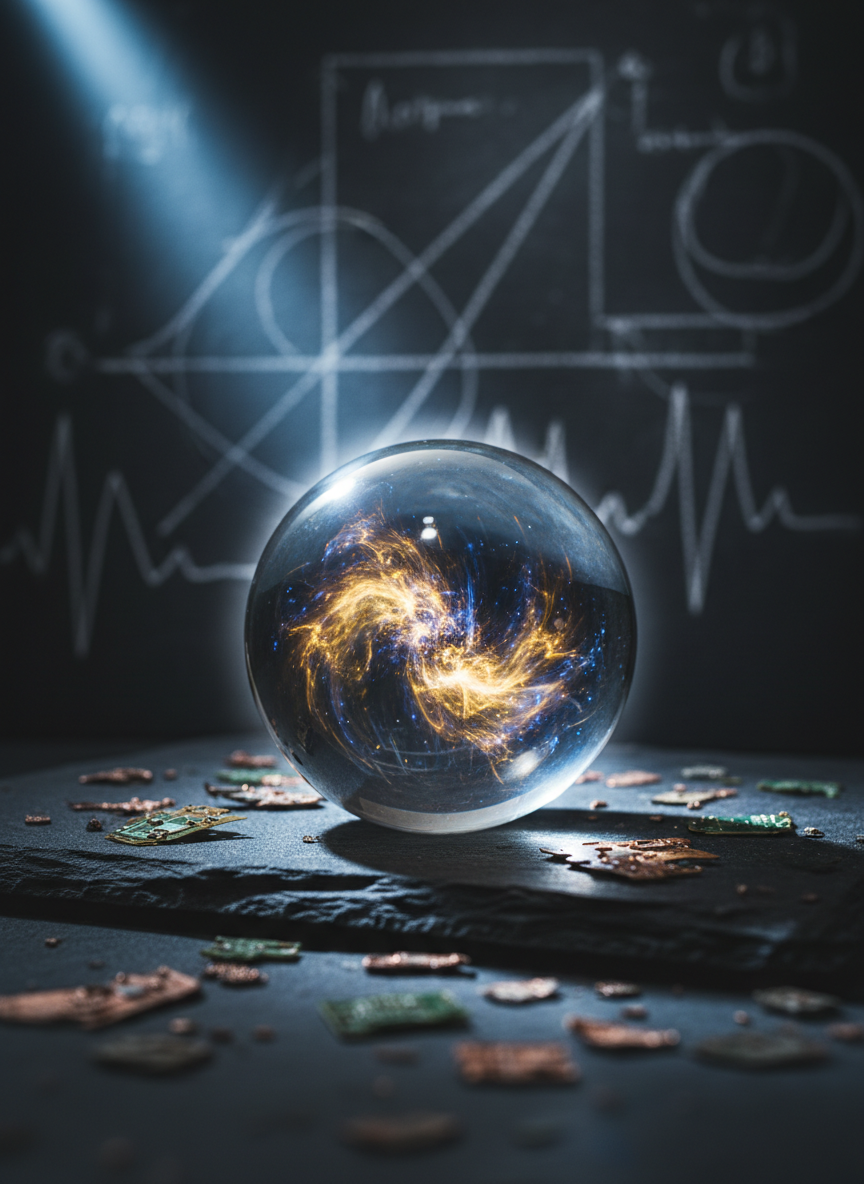 A highly realistic, close-up photograph of a glass sphere filled with swirling golden and indigo light, resting on a dark slate slab scattered with small, irregular metal fragments resembling broken circuitry. Behind it, a large chalkboard-like surface shows faint, partially erased geometric patterns and waveforms, carefully blurred so no text is readable. A single beam of cool, directional light from the upper left illuminates the sphere, causing caustic reflections on the slate and a subtle halo on the background. Captured from a low, intimate angle with a shallow depth of field, the composition emphasizes the sphere as a metaphor for conscious energy, blending a lab-like, rigorous atmosphere with a quiet, spiritual resonance.